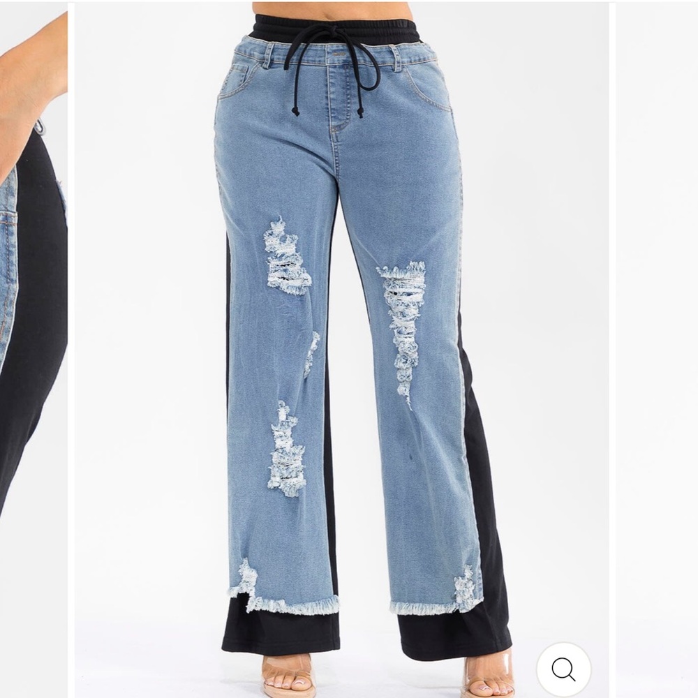 Light Blue Distressed Wide Leg Jeans with Black Side Panels